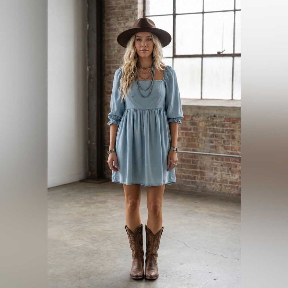 NWT Promesa Denim Tencel Jean Puff Sleeve Mini Dress - Picture 2 of 10